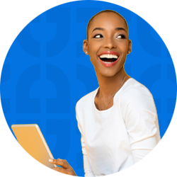 A student on her laptop on a patterned background