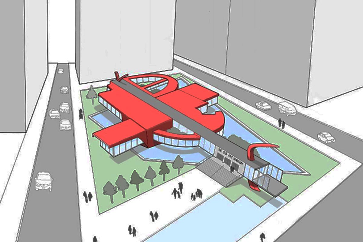 animated drawing of a building with red roof
