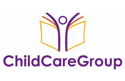 ChildCareGroup logo with an abstract figure formed by purple and orange lines resembling an open book, and the name in purple text below.