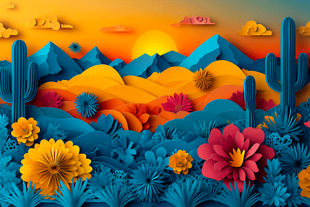 artwork features a colorful landscape with a setting sun