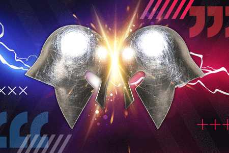 two silver helmets clashing over a blue and red background
