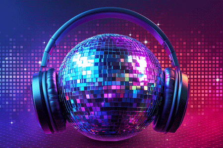a disco ball is wearing headphones