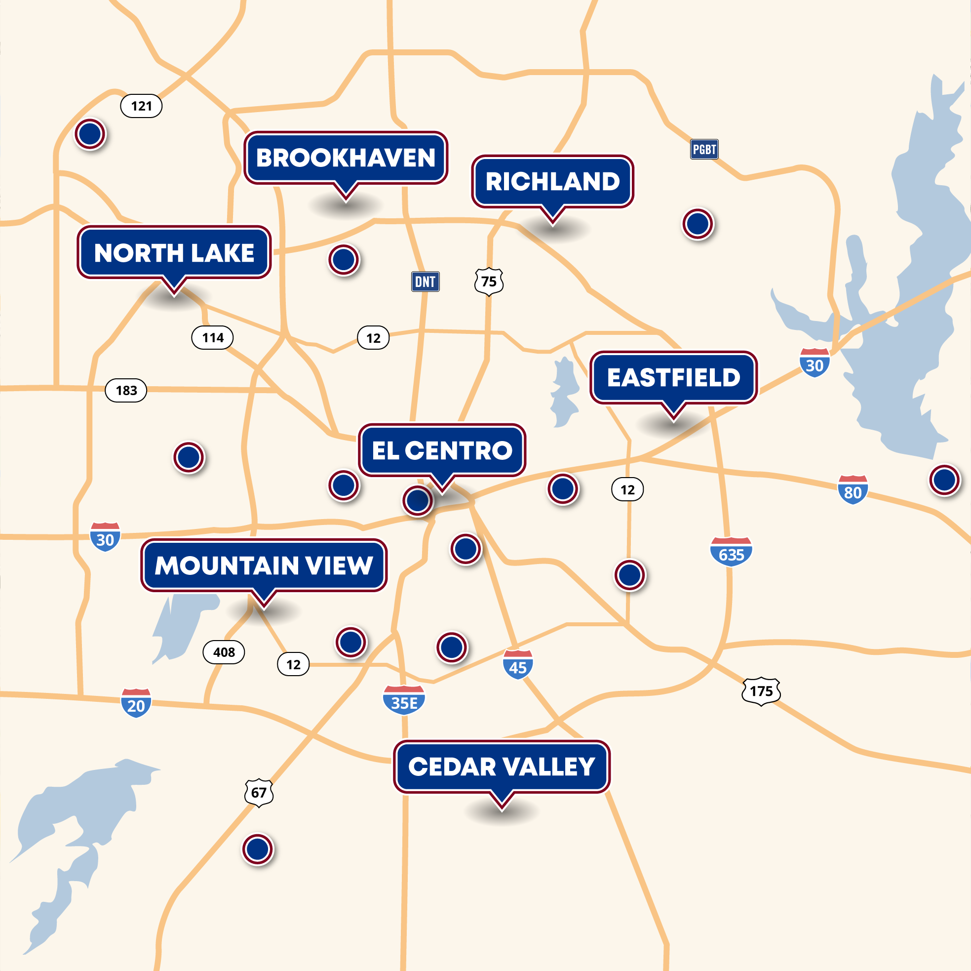 A map showing Dallas College highlighting the location of campuses and centers.