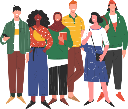 Illustration of a group of students holding books and backpacks