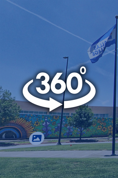 An image of North Lake's circle and library with the text 360 degrees overlayed over the image
