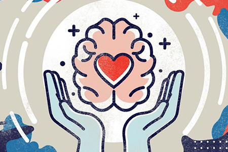 a drawing of two hands with an outline of a brain and heart