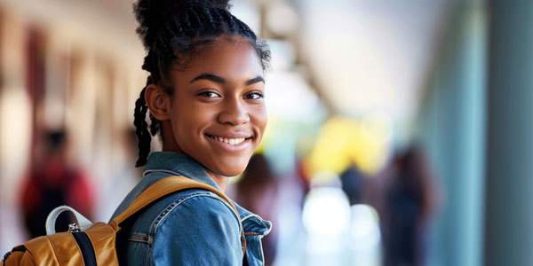 Student smiling at college campus on the way to class