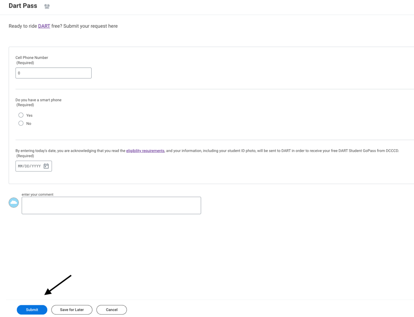 Screenshot of Workday showing the Dart Pass request form, with Submit highlighted.