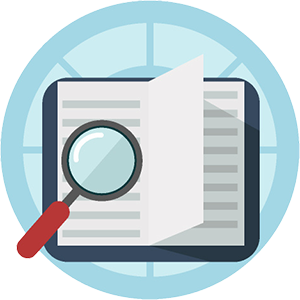 Open book with a magnifying glass on top, set against a circular background with light blue segments.
