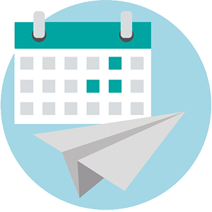 Calendar with teal-highlighted dates and a paper airplane positioned diagonally in front.