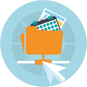 Orange folder icon containing a calendar and document, connected to a network node with a globe-like background.