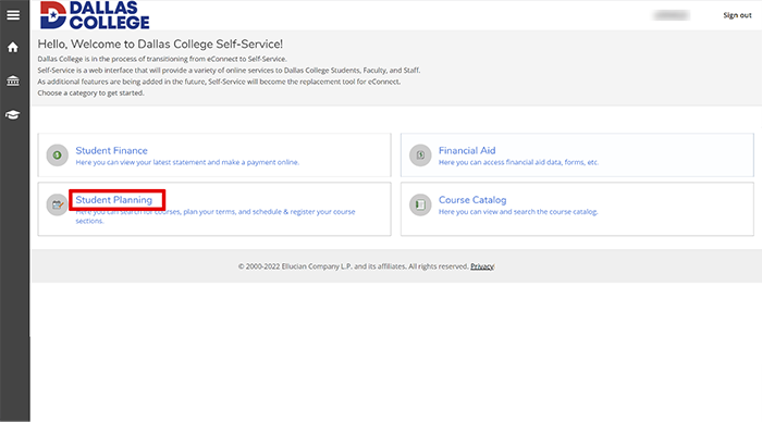 student planning link in self-service
