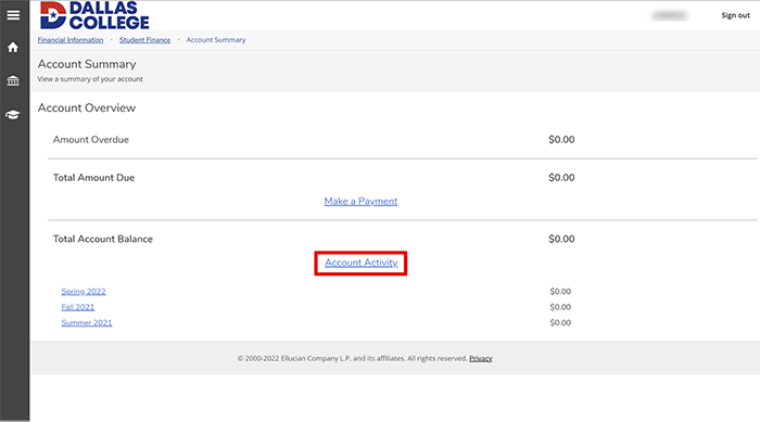 account activity on account overview page