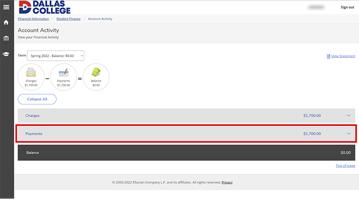 payments on account activity page