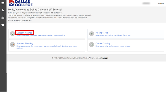 student finance link on welcome page