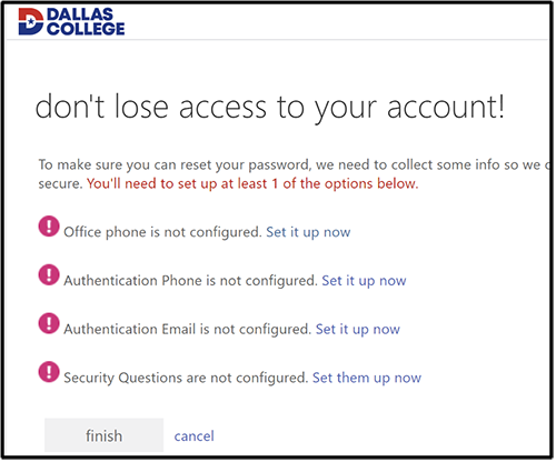 screen shot of the self-service password reset step