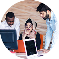 Group of professionals around a computer