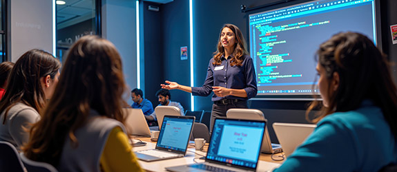 A classroom of students learn coding from an instructor