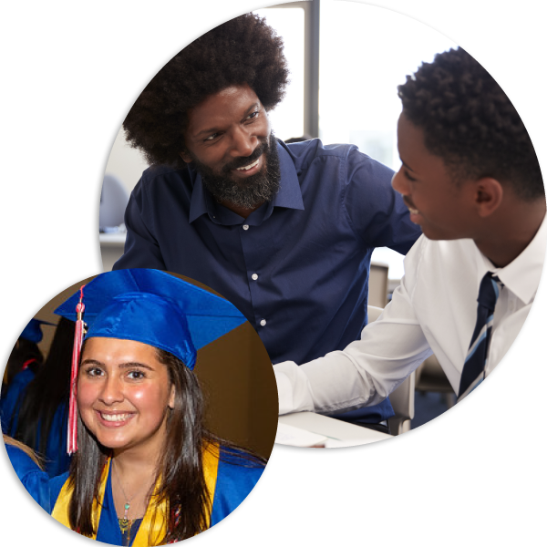 A collage of students, one wearing graduation regalia, two studying together at a desk